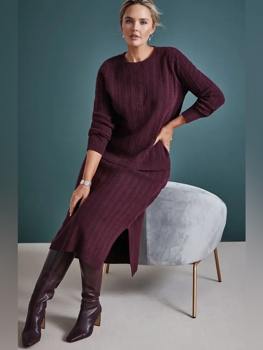 J.Jill Burgundy Cable Knit Sweater & Midi Skirt Matching Sweater Set Size Large